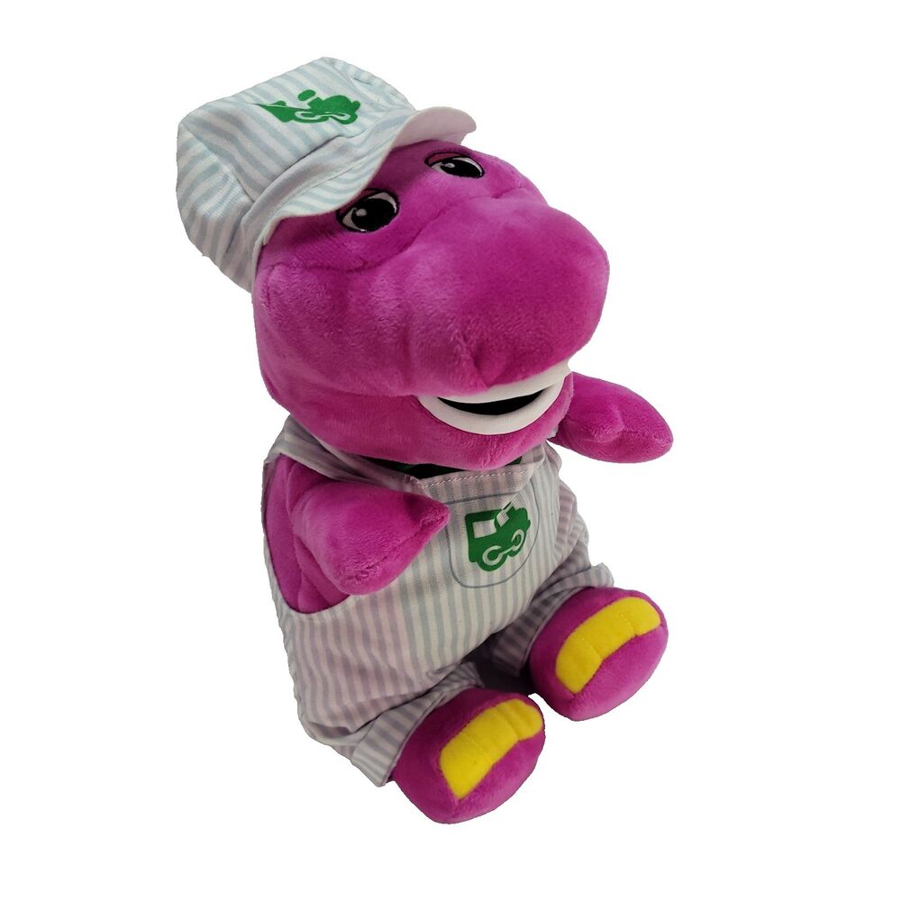 Train Conductor Barney Plush‎ 13" Striped Overalls Stuffed Dinosaur Fisher Price